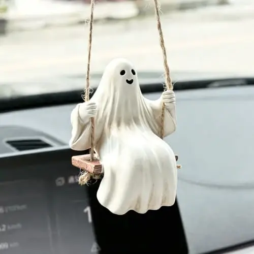 YGMONER Cute Swinging Ghost Car Mirror Hanging Ornament Halloween Car Interior Accessories (Distressed Vintage Ghost) - 1