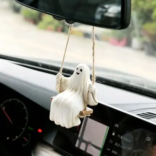 YGMONER Cute Swinging Ghost Car Mirror Hanging Ornament Halloween Car Interior Accessories (Distressed Vintage Ghost) - 3