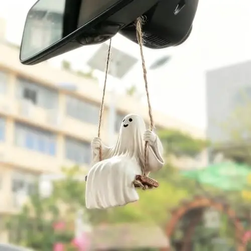 YGMONER Cute Swinging Ghost Car Mirror Hanging Ornament Halloween Car Interior Accessories (Distressed Vintage Ghost) - 4