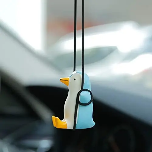 YGMONER Cute Swinging Penguin Car Rear View Mirror Hanging Accessories Funny Car Interior Decor Gifts for Women Men (Penguin) - 1