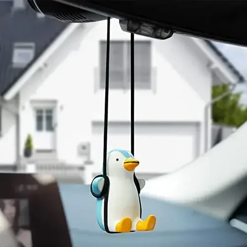 YGMONER Cute Swinging Penguin Car Rear View Mirror Hanging Accessories Funny Car Interior Decor Gifts for Women Men (Penguin) - 2