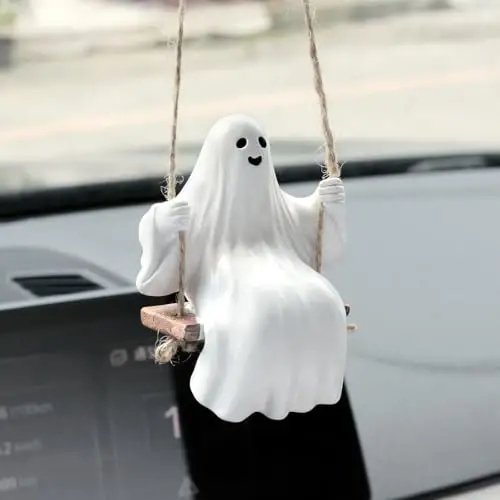 YGMONER Cute Swinging Ghost Car Mirror Hanging Ornament Halloween Car Interior Accessories (Ghost) - 1