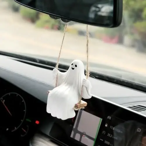 YGMONER Cute Swinging Ghost Car Mirror Hanging Ornament Halloween Car Interior Accessories (Ghost) - 3