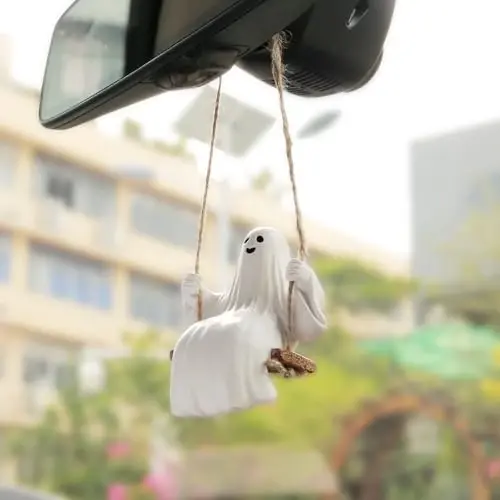 YGMONER Cute Swinging Ghost Car Mirror Hanging Ornament Halloween Car Interior Accessories (Ghost) - 4