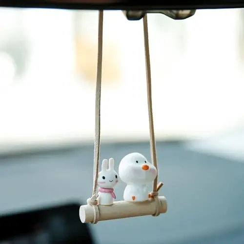 YGMONER Cute Swinging Chick & Bunny Car Rear View Mirror Hanging Accessories Funny Car Interior Decor Gifts for Women Men (Chick and Bunny) 