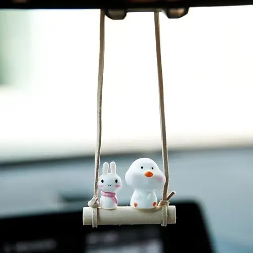 YGMONER Cute Swinging Chick & Bunny Car Rear View Mirror Hanging Accessories Funny Car Interior Decor Gifts for Women Men (Chick and Bunny) - 2