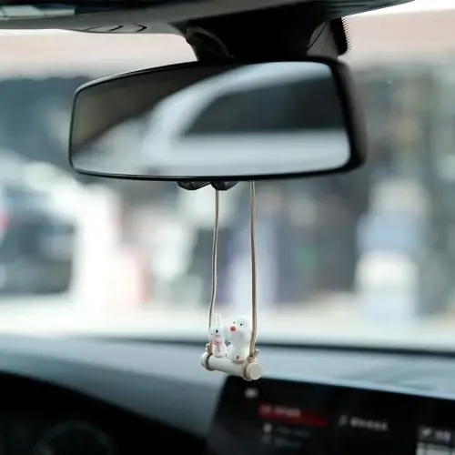 YGMONER Cute Swinging Chick & Bunny Car Rear View Mirror Hanging Accessories Funny Car Interior Decor Gifts for Women Men (Chick and Bunny) - 3