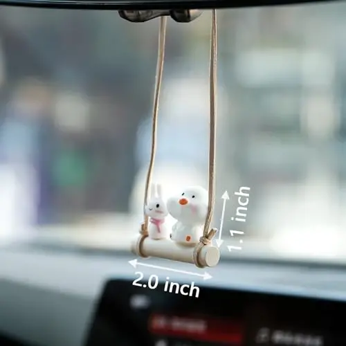 YGMONER Cute Swinging Chick & Bunny Car Rear View Mirror Hanging Accessories Funny Car Interior Decor Gifts for Women Men (Chick and Bunny) - 4