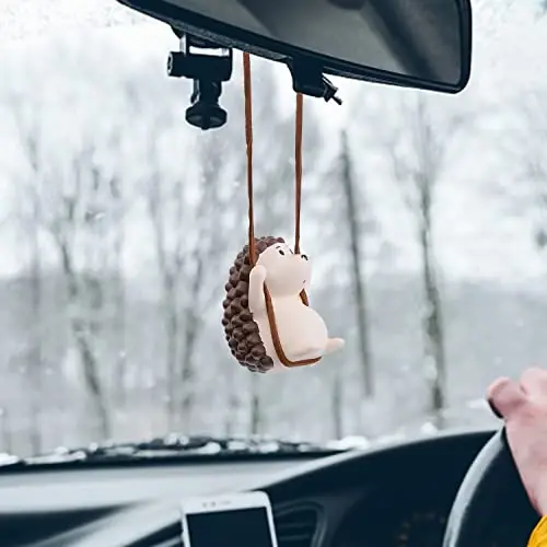 YGMONER Cute Swinging Hedgehog Car Rear View Mirror Hanging Accessories Funny Car Interior Decor Gifts for Women Men (Hedgehog) - 2