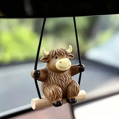 YGMONER Swinging Highland Cow Car Hanging Ornament – Holiday Favorite Farm Animal, Funny Rear View Mirror Hanging Accessories, Ideal Gift for Animal Lovers (Highland Cow) - 1