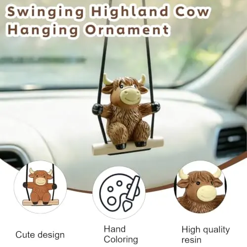 YGMONER Swinging Highland Cow Car Hanging Ornament – Holiday Favorite Farm Animal, Funny Rear View Mirror Hanging Accessories, Ideal Gift for Animal Lovers (Highland Cow) - 3