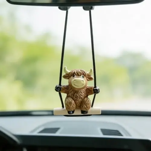YGMONER Swinging Highland Cow Car Hanging Ornament – Holiday Favorite Farm Animal, Funny Rear View Mirror Hanging Accessories, Ideal Gift for Animal Lovers (Highland Cow) - 4