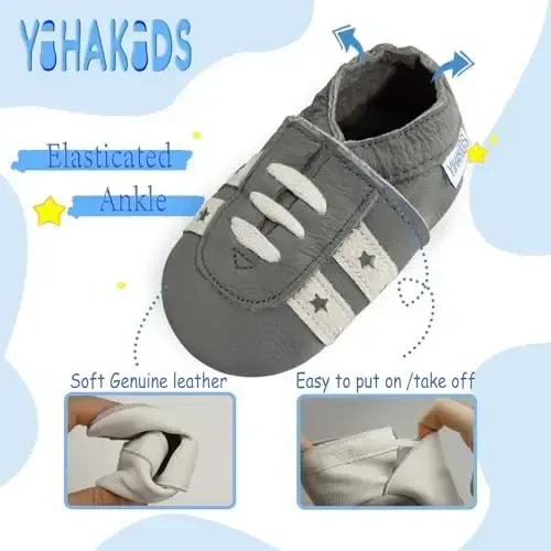 YIHAKIDS Baby Leather Shoes Soft Sole First Walking Moccasins Infants Toddler Boys Girls Crawling Slippers Slip-on Shoes with Elastic Ankle - 4