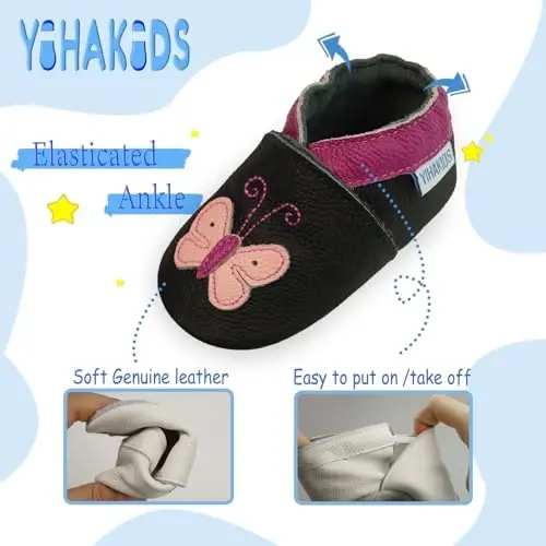 YIHAKIDS Baby Leather Shoes Soft Sole First Walking Moccasins Infants Toddler Boys Girls Crawling Slippers Slip-on Shoes with Elastic Ankle - 3