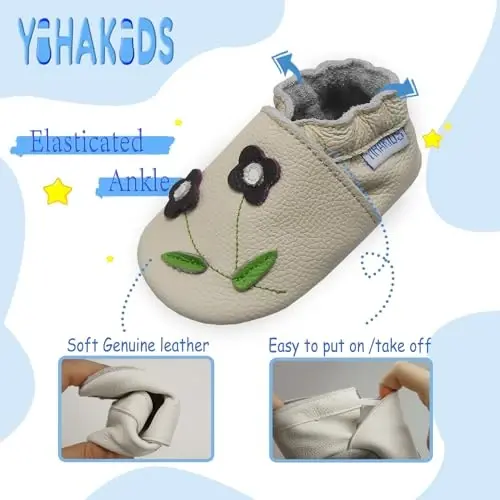 YIHAKIDS Baby Leather Shoes Soft Sole First Walking Moccasins Infants Toddler Boys Girls Crawling Slippers Slip-on Shoes with Elastic Ankle - 4