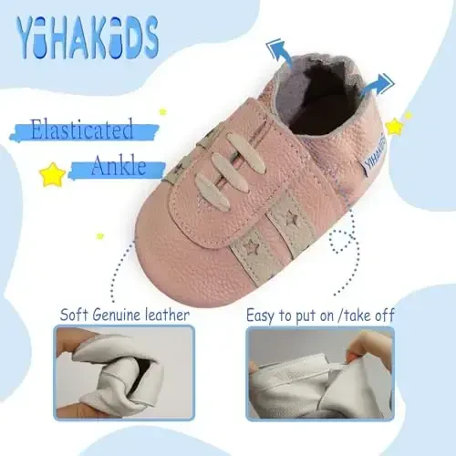 YIHAKIDS Детская кожаная обувь Мягкая подошва Первые шаги Мокасины для младенцев Малыши Мальчики Девочки Ползающие тапочки Обувь без застежек с эластичной щиколоткой - 4