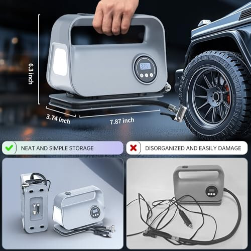 YIJU Tire Inflator Portable Air Compressor Tire Air Pump for Car Tires - Car Accessories, 12V DC Auto Pump with Digital Pressure Gauge, Emergency LED Light for Motorcycle, Bike,Gray - 5