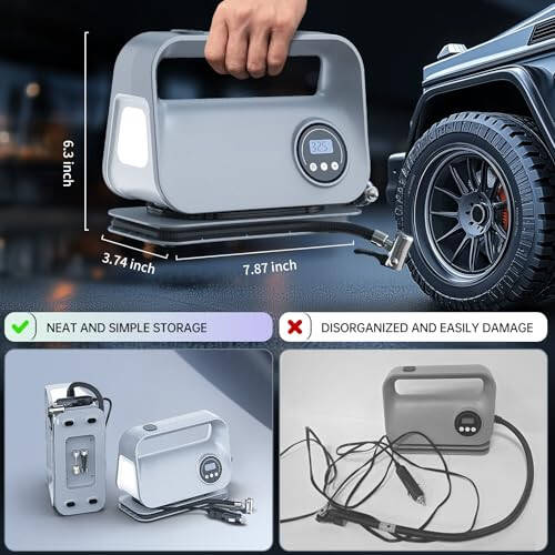 YIJU Tire Inflator Portable Air Compressor Tire Air Pump for Car Tires - Car Accessories, 12V DC Auto Pump with Digital Pressure Gauge, Emergency LED Light for Motorcycle, Bike,Gray - 5
