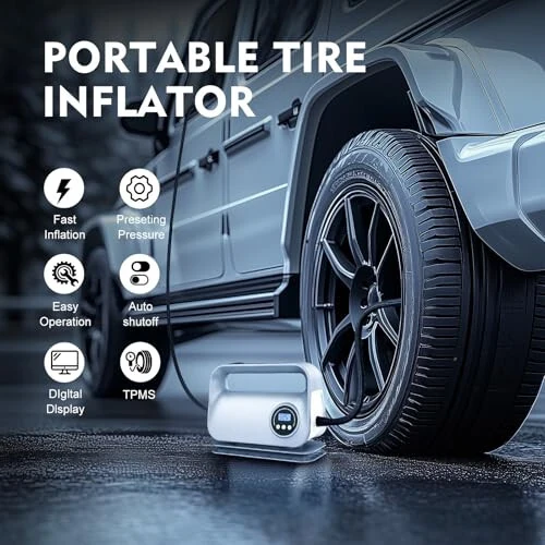 YIJU Tire Inflator Portable Air Compressor, DC 12V Portable Tire Inflator for Car, Air Tire Pump with Digital Tire Pressure Gauge and LED Light, Portable Air Compressor for Car Tires, Motorcycle, Bike - 1