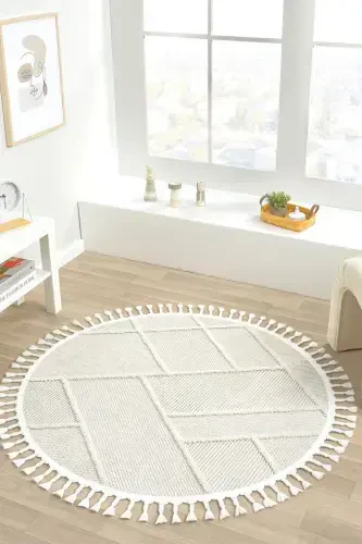 Yıkanabilir Saçaklı Yuvarlak Dokuma Halı Yolluk Antre Oturma Odası Salon Mutfak Halısı YUVARLAK-Krem 1 - 1