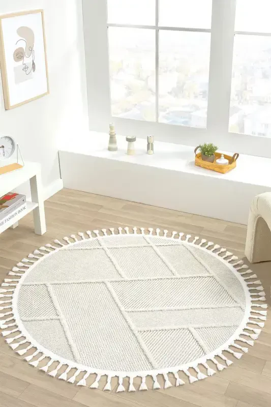 Yıkanabilir Saçaklı Yuvarlak Dokuma Halı Yolluk Antre Oturma Odası Salon Mutfak Halısı YUVARLAK-Krem 1 - 1