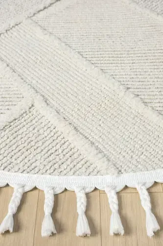 Yıkanabilir Saçaklı Yuvarlak Dokuma Halı Yolluk Antre Oturma Odası Salon Mutfak Halısı YUVARLAK-Krem 1 - 4