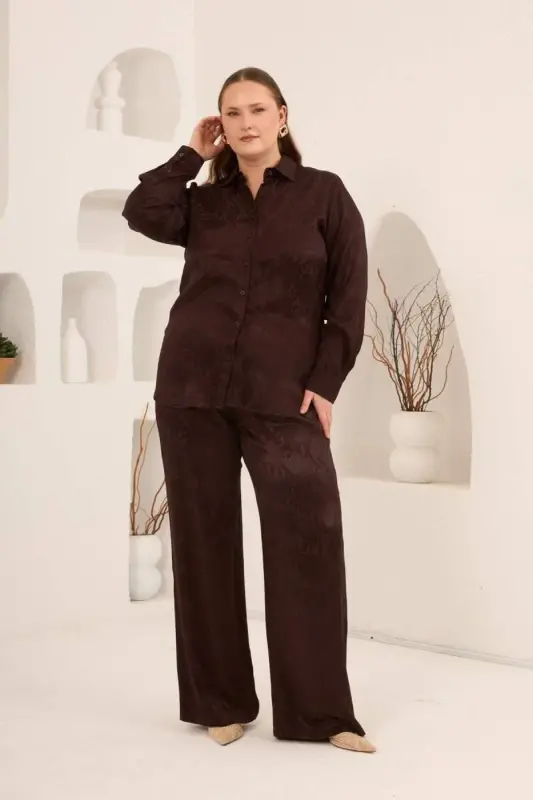 Yılan Derisi Desenli Büyük Beden Kadın Gömlek Kahve - 4