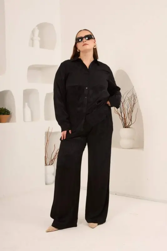 Yılan Derisi Desenli Büyük Beden Kadın Gömlek Siyah - 5