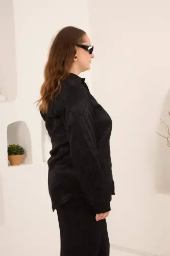 Yılan Derisi Desenli Büyük Beden Kadın Gömlek Siyah - 3