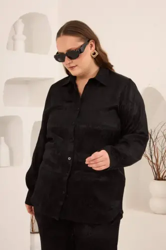 Yılan Derisi Desenli Büyük Beden Kadın Gömlek Siyah - 4