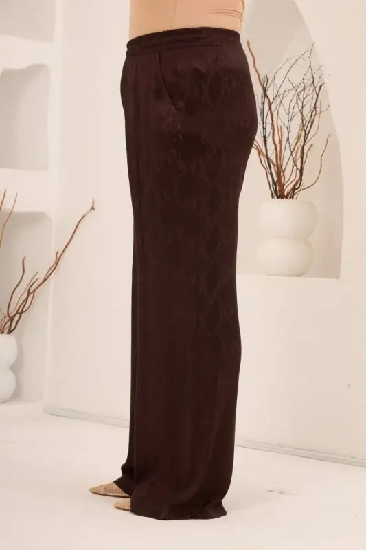Yılan Desenli Beli Lastikli Kadın Büyük Beden Bol Paça Pantolon Kahve - 3
