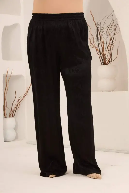 Yılan Desenli Beli Lastikli Kadın Büyük Beden Bol Paça Pantolon Siyah - 4