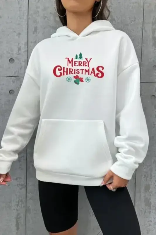 Yılbaşı Merry Christmas Baskılı Oversize Kapüşonlu Sweatshirt Hoodie - Beyaz - BÜYÜKBEDENIZ