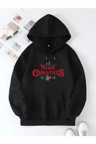Yılbaşı Merry Christmas Baskılı Oversize Kapüşonlu Sweatshirt Hoodie - Siyah - 1