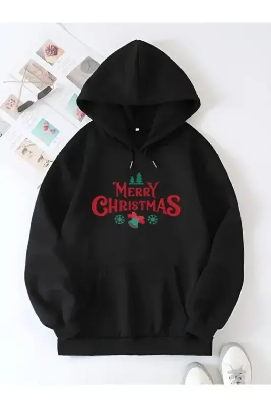 Yılbaşı Merry Christmas Baskılı Oversize Kapüşonlu Sweatshirt Hoodie - Siyah - BÜYÜKBEDENIZ