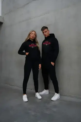 Yılbaşı Merry Christmas Baskılı Oversize Kapüşonlu Sweatshirt Hoodie - Siyah - BÜYÜKBEDENIZ (1)