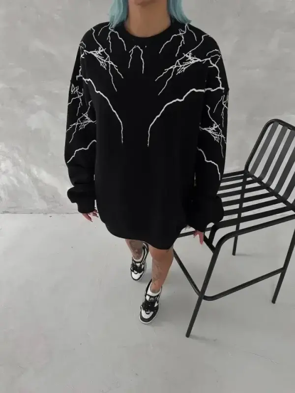 Yıldırım Baskılı Bisiklet Yaka SweatShirt - Siyah - 3