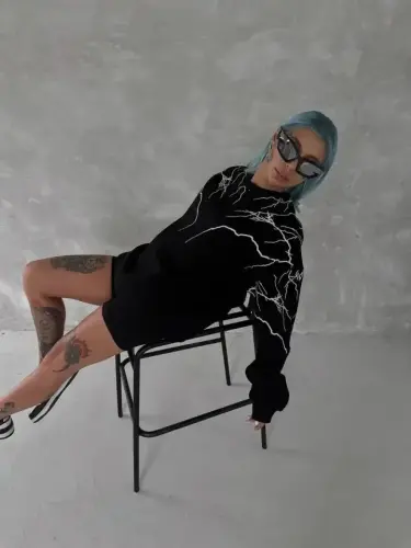 Yıldırım Baskılı Bisiklet Yaka SweatShirt - Siyah - 2