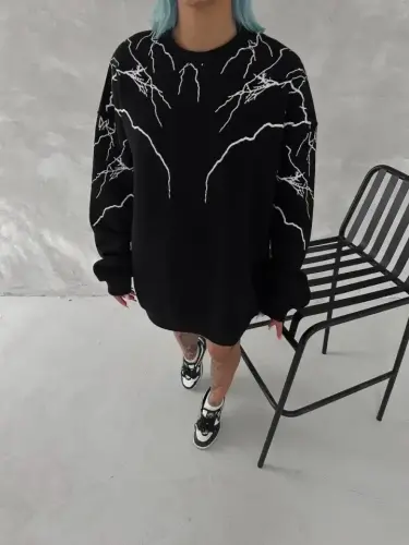 Yıldırım Baskılı Bisiklet Yaka SweatShirt - Siyah - 3