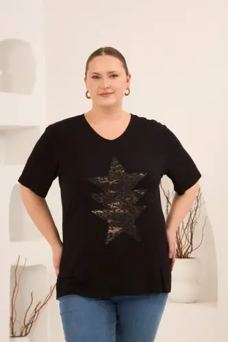 Yıldız Aplikeli Kadın Büyük Beden Tişört Siyah - 1