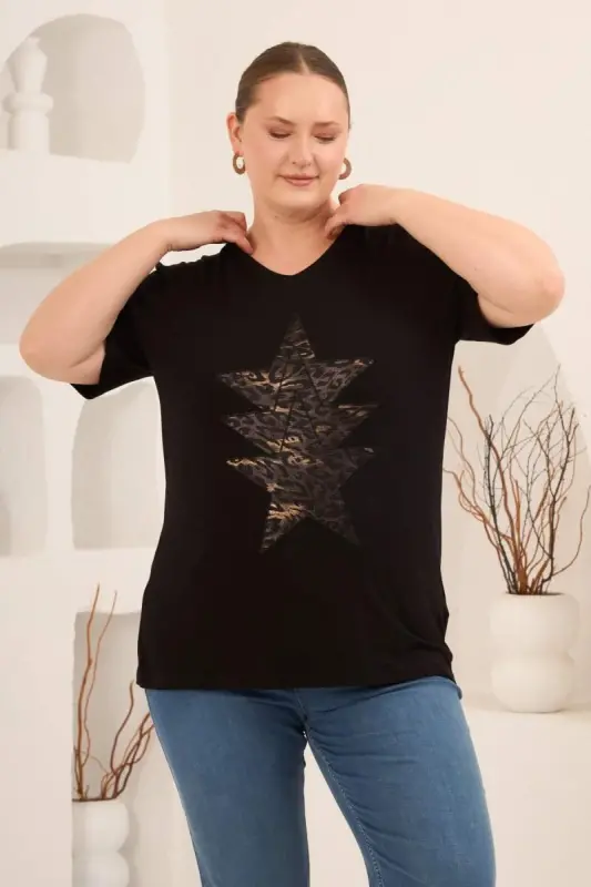 Yıldız Aplikeli Kadın Büyük Beden Tişört Siyah - 3