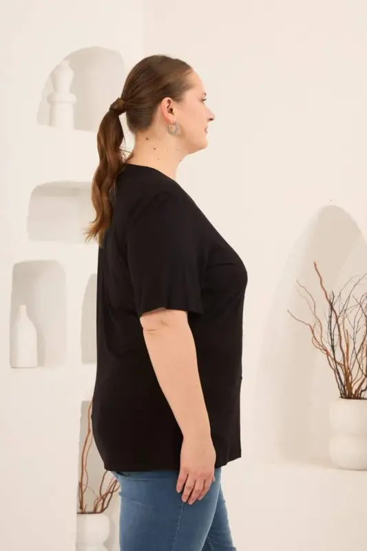 Yıldız Aplikeli Kadın Büyük Beden Tişört Siyah - 4