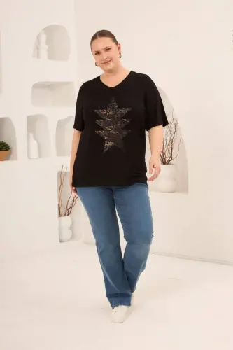 Yıldız Aplikeli Kadın Büyük Beden Tişört Siyah - 5