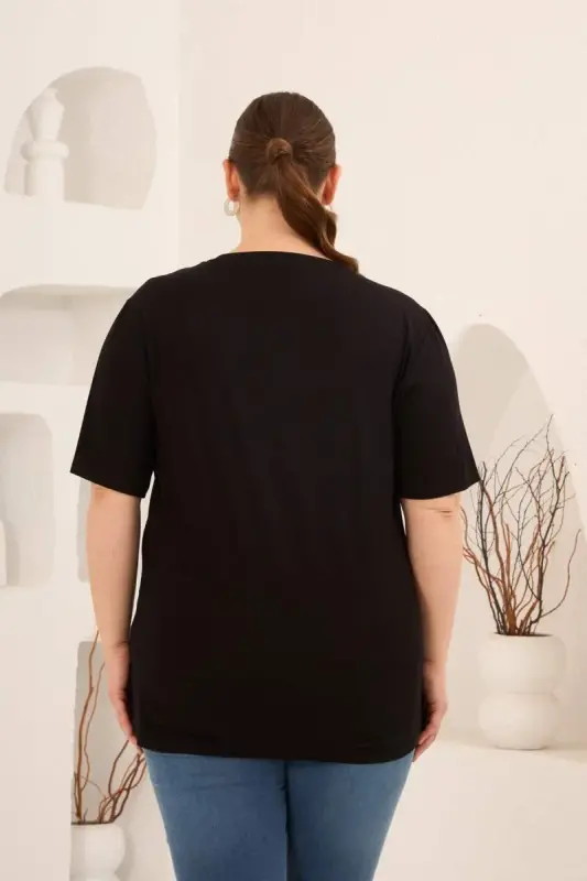 Yıldız Aplikeli Kadın Büyük Beden Tişört Siyah - 6