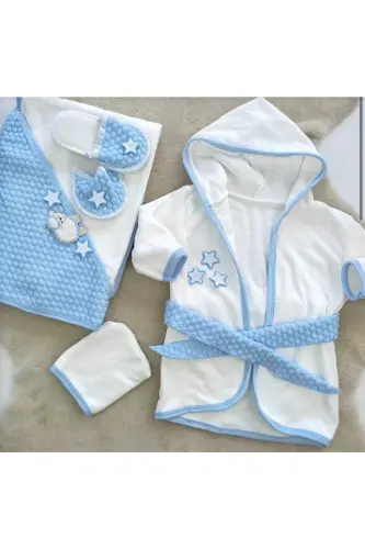 Yıldız Kuzulu Kapitonlu 4 Parça Havlu Bornoz Set - Mavi 