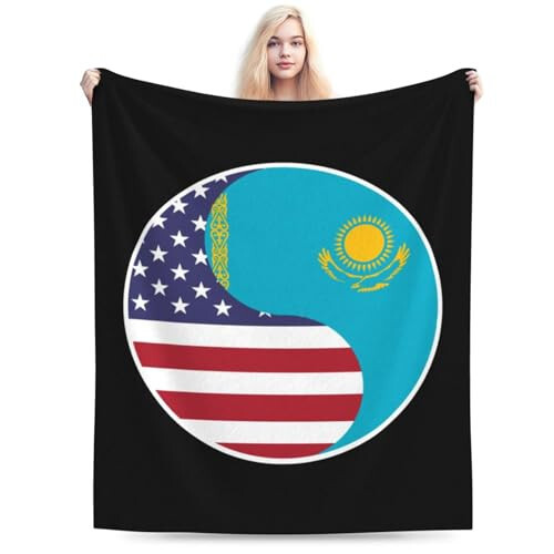 Yin Yang Flag Combination of America and Kazakhstan Throw Blanket for Couch 40