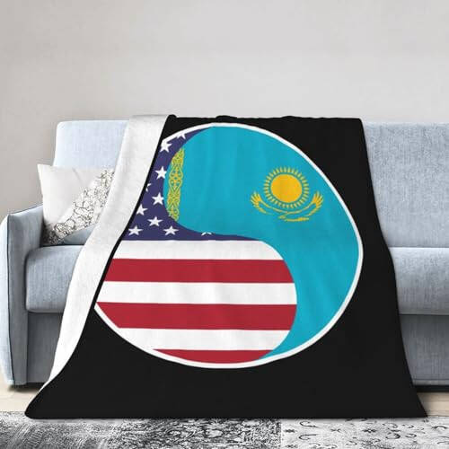 Yin Yang Flag Combination of America and Kazakhstan Throw Blanket for Couch 40