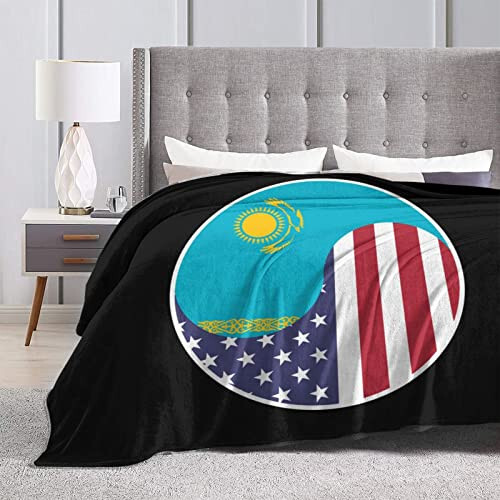 Yin Yang Flag Combination of America and Kazakhstan Throw Blanket for Couch 40