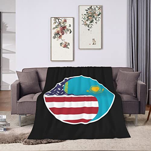 Yin Yang Flag Combination of America and Kazakhstan Throw Blanket for Couch 40