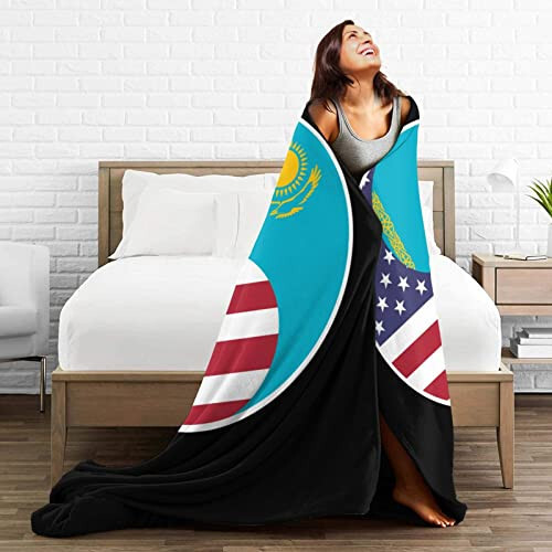 Yin Yang Flag Combination of America and Kazakhstan Throw Blanket for Couch 40